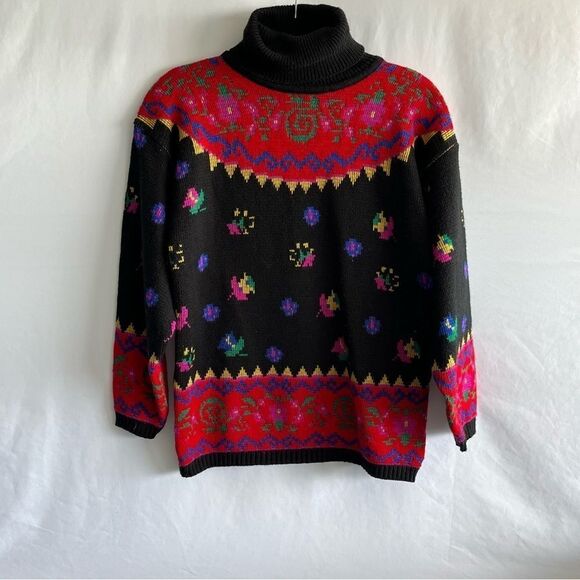 IVY Women's Vintage Style Floral Turtle Neck Knit Sweater - Picture 2 of 8